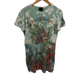 Y2K Christian audigier tattoo bird cherry heart green tee 2000s graphic ed hardy